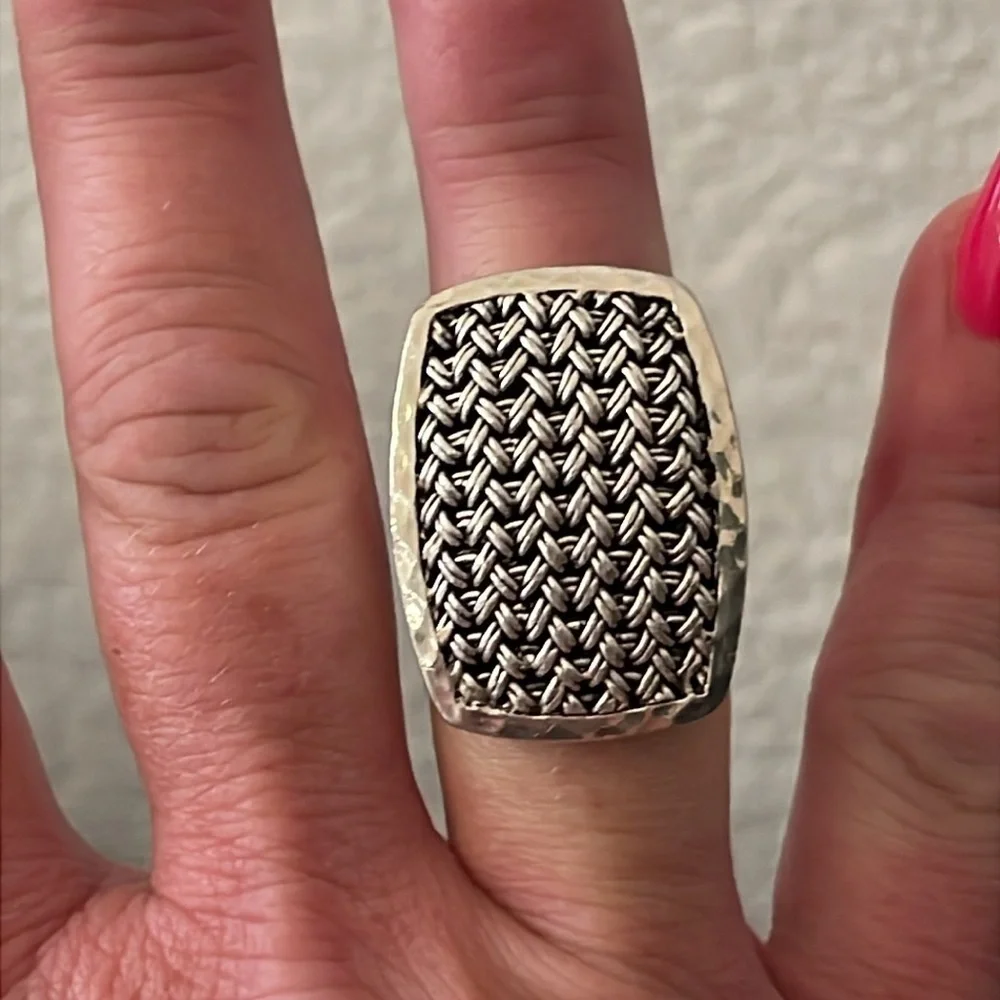 Lois Hill Silver Rectangular Textile Weave Cut-Out Ring.